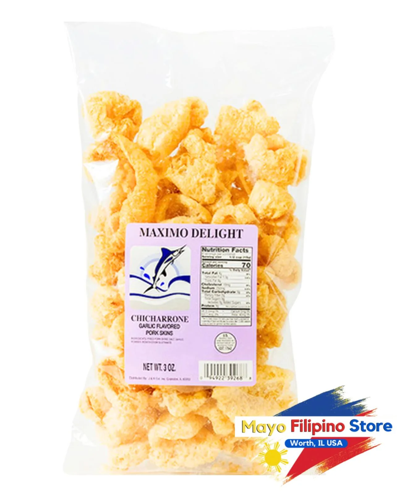 Maximo Delight Chicharrons Pork Skin Garlic 3oz 85g Purple
